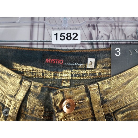 NWT MYSTIQ Womens High Waisted Jeans SZ 3 Unique Gold Spray Paint Look $66 MSRP - Picture 3 of 16